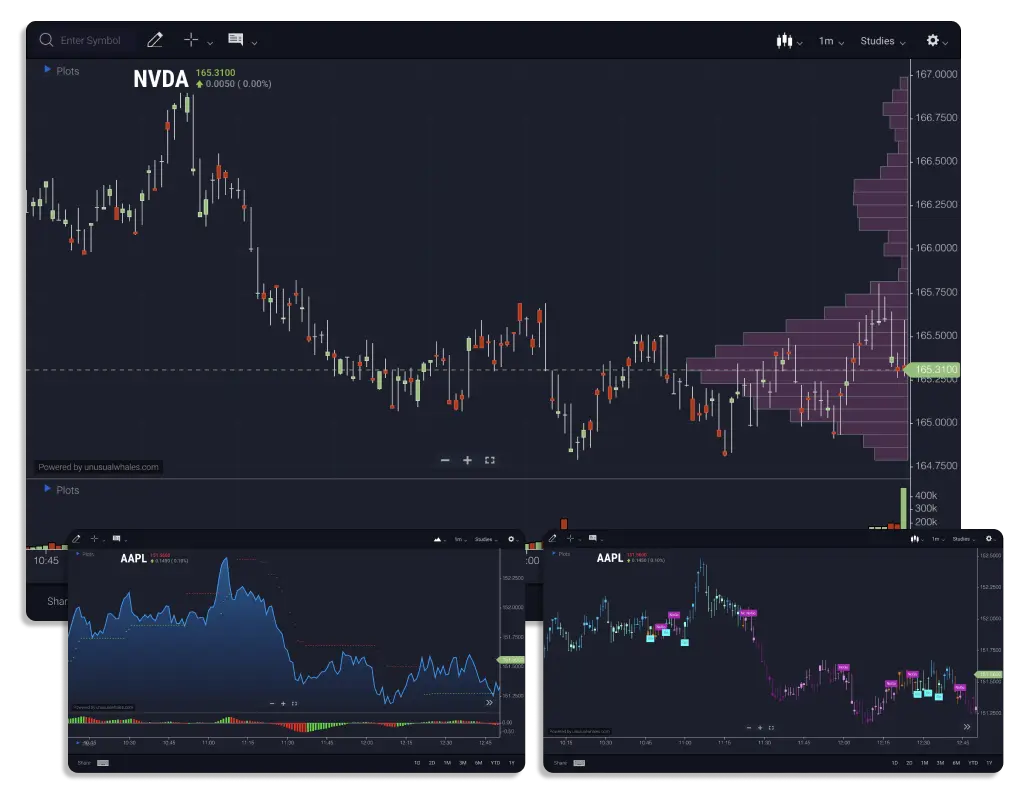 Candlestick chart with volume profile and technical studies